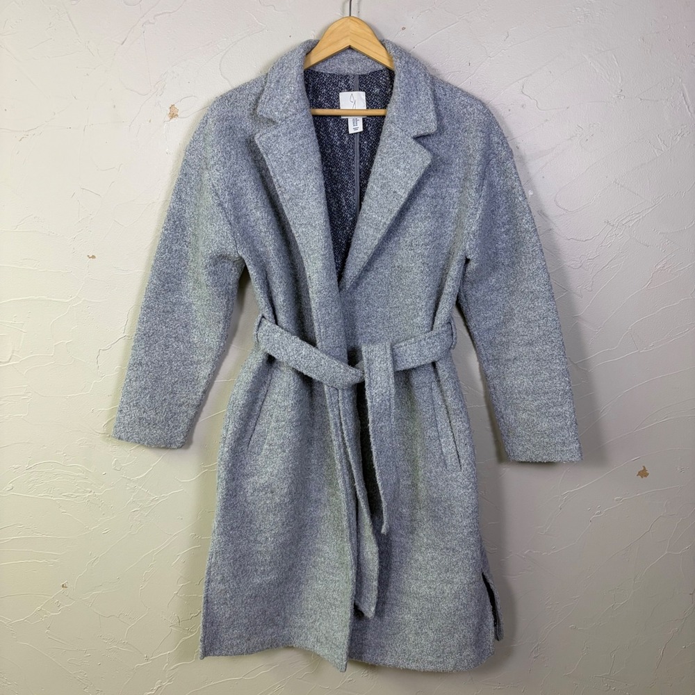 Joie Belted Wrap Coat Womens Medium Gray Wool Blend Textured Long Trench